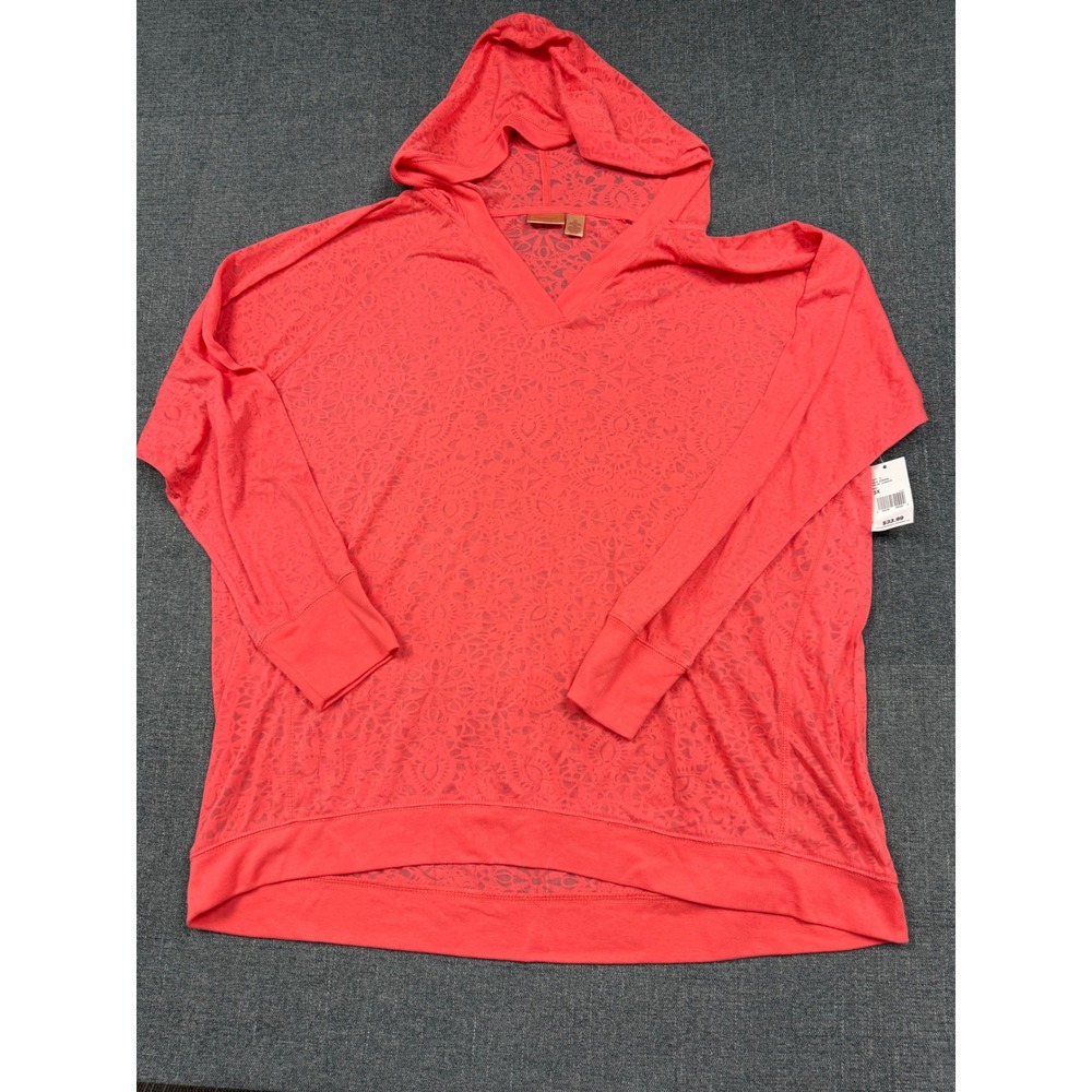 NorthCrest Womens Plus 3X Dubarry Coral Pink Burnout V-Neck Hoodie Pullover NWT
